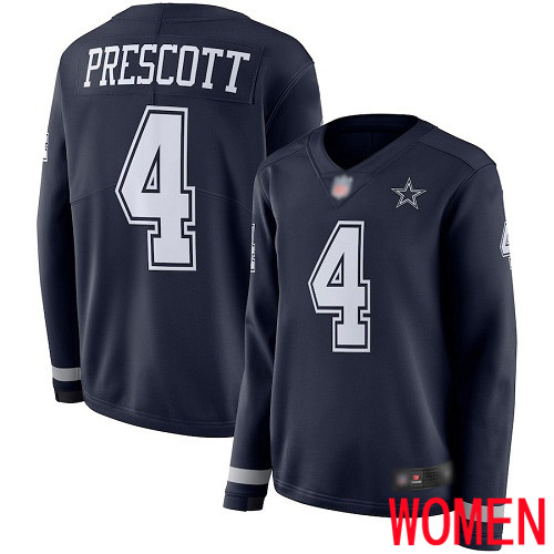 Women Dallas Cowboys Limited Navy Blue Dak Prescott #4 Therma Long Sleeve NFL Jersey->women nfl jersey->Women Jersey